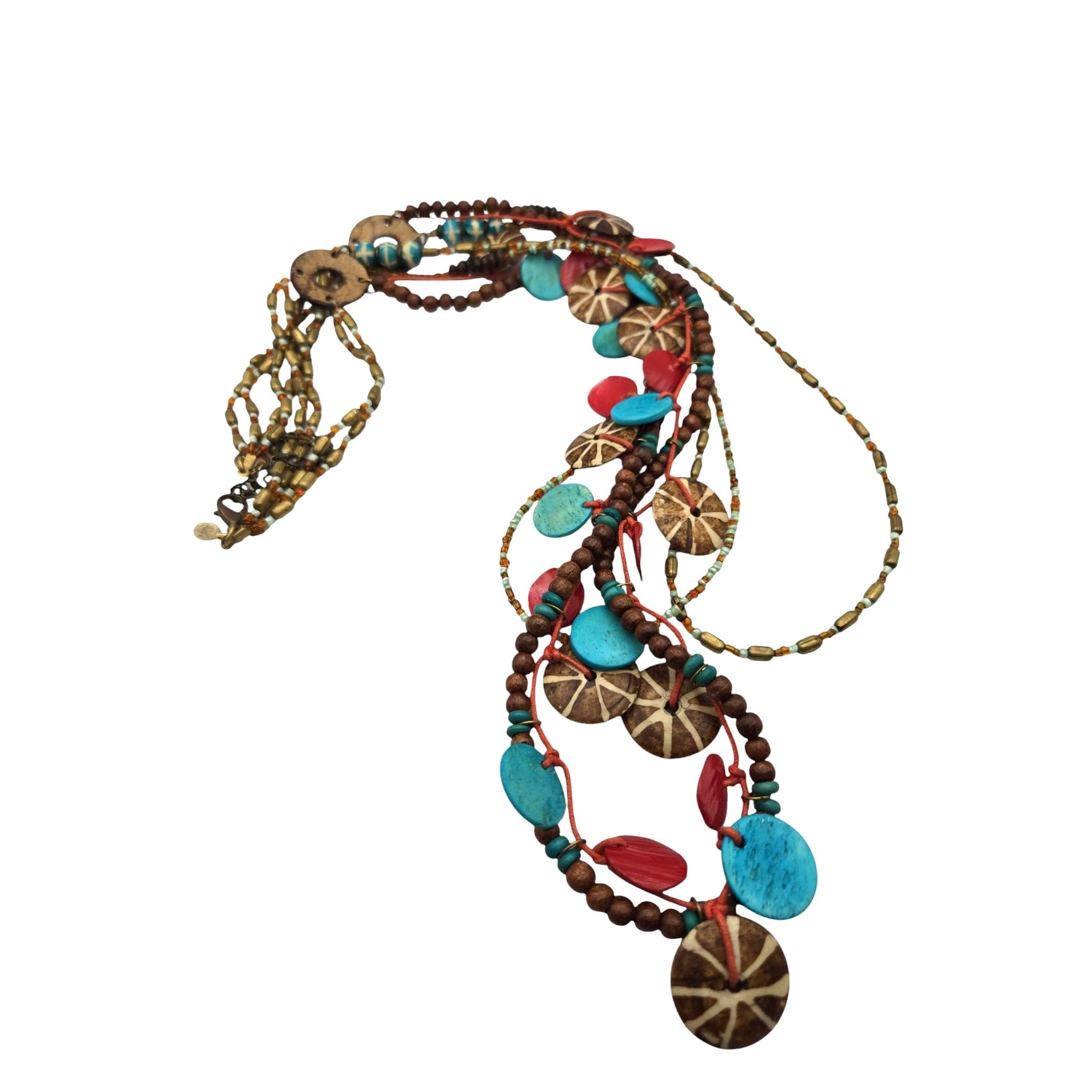 Handcrafted Multicolor Beaded Necklace with Coconut & Turquoise Discs