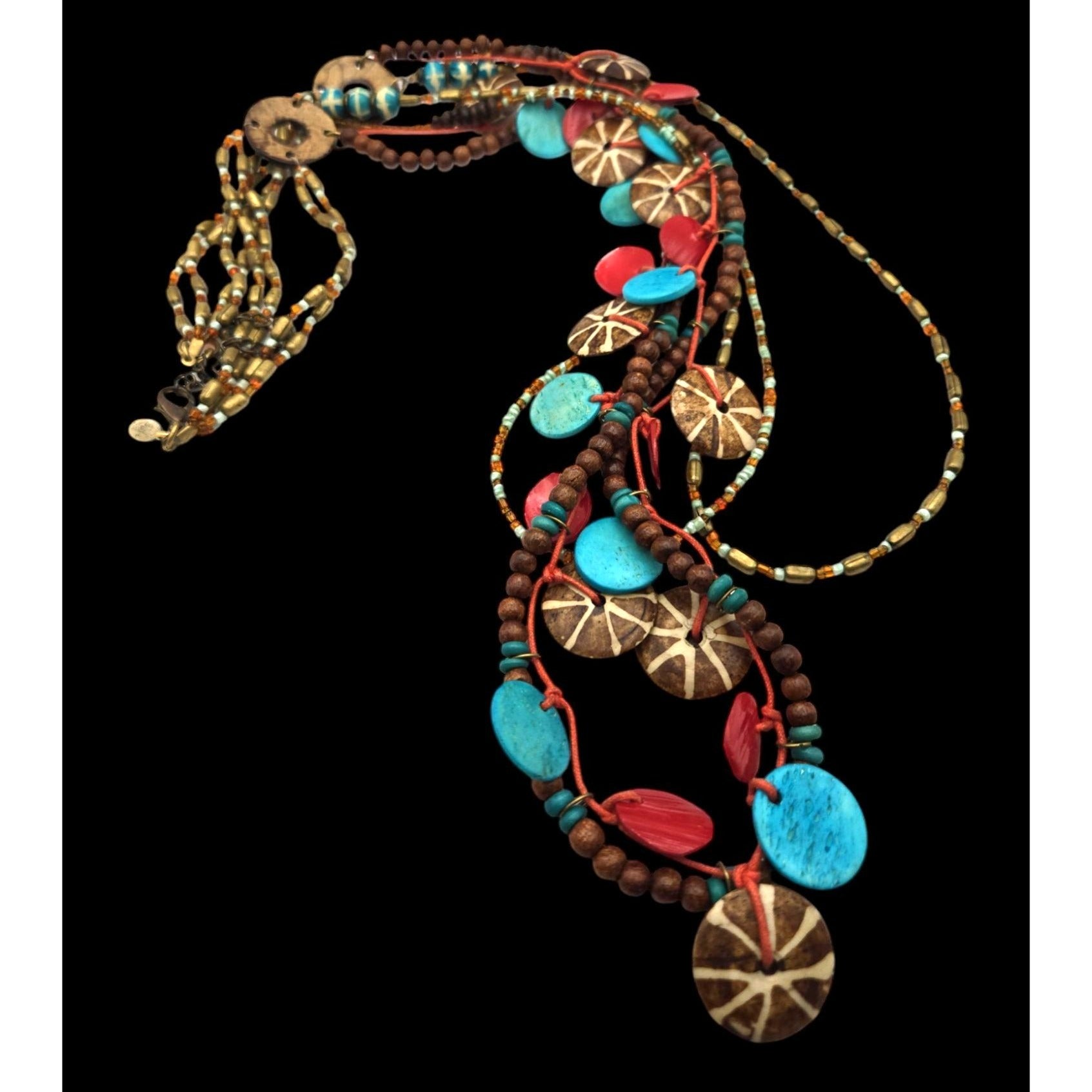 Handcrafted Multicolor Beaded Necklace with Coconut & Turquoise Discs