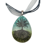 Vtg Tree Of Life Art Glass Pendant Necklace On Multi-Strand Cord & Ribbon Adjustable Chain