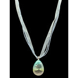 Vtg Tree Of Life Art Glass Pendant Necklace On Multi-Strand Cord & Ribbon Adjustable Chain