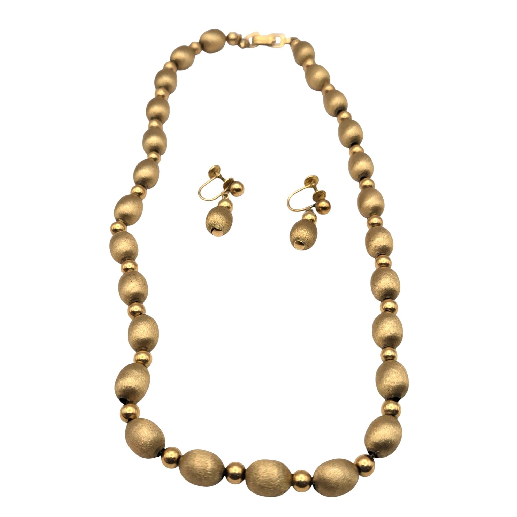 14K Yellow Gold Beaded Necklace & Matching Clip-On Earrings Set