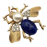 Vtg Gold Tone Bumble Bee Brooch Pin Lapis & Pearl Body Rhinestone Accents Detailed 1 1/4"x1 1/2" Jewelry Accessory
