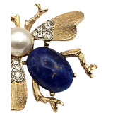 Vtg Gold Tone Bumble Bee Brooch Pin Lapis & Pearl Body Rhinestone Accents Detailed 1 1/4"x1 1/2" Jewelry Accessory