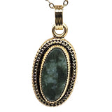 Vtg Gold Filled Green Jasper Oval Pendant Necklace 12K G.F. 18" Chain Jewelry With Textured Frame Design