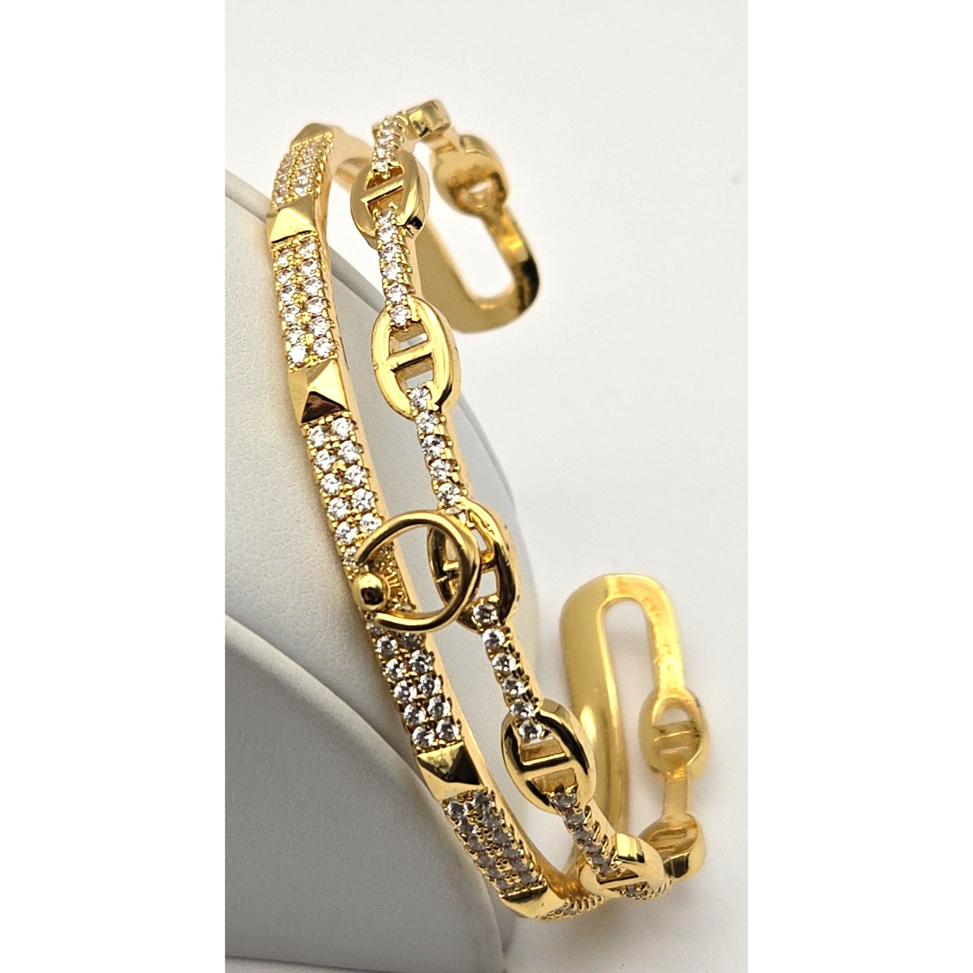 Gold Tone Cuff Bracelet with Rhinestone Embellishments & Geometric Accents - Deweytiques
