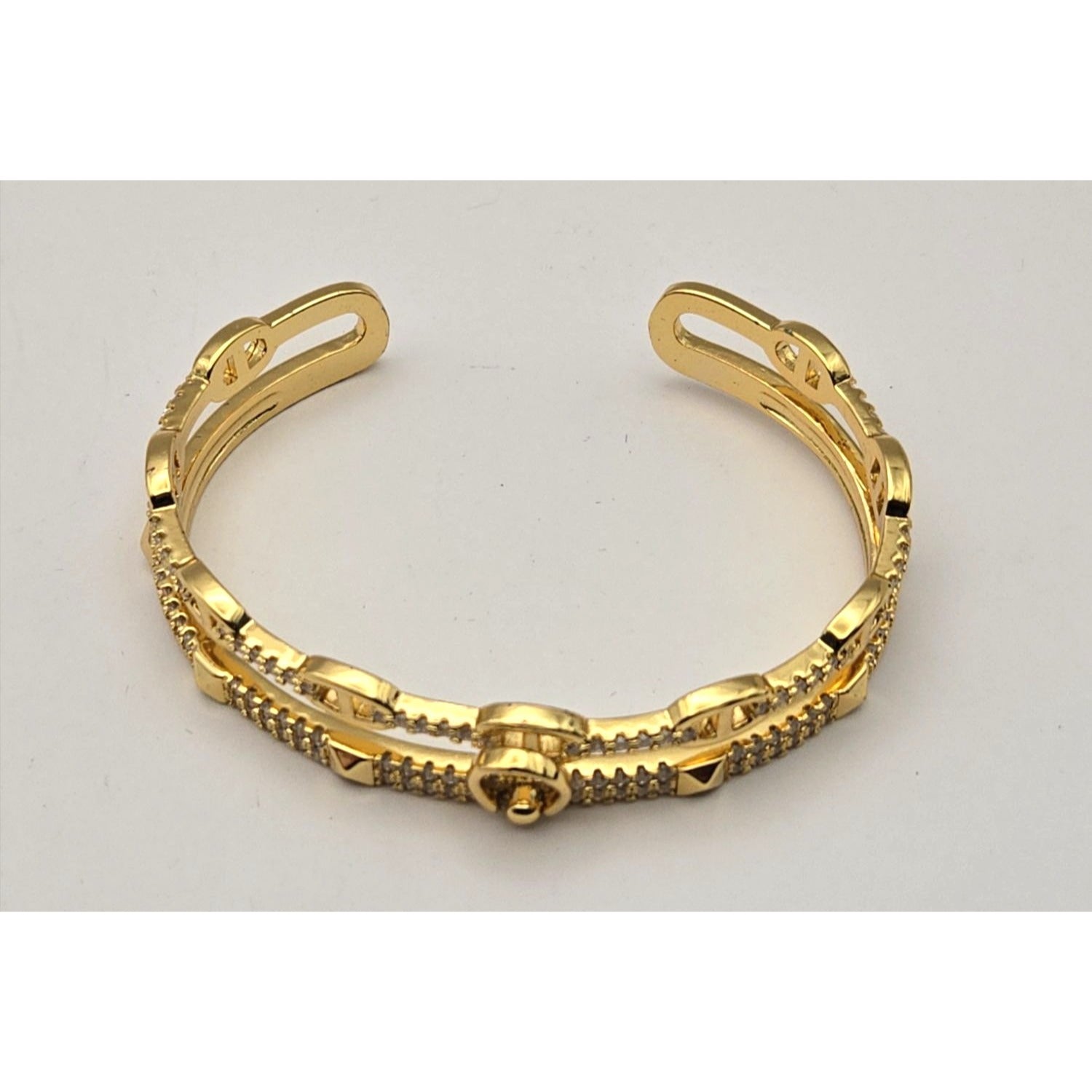 Gold Tone Cuff Bracelet with Rhinestone Embellishments & Geometric Accents - Deweytiques