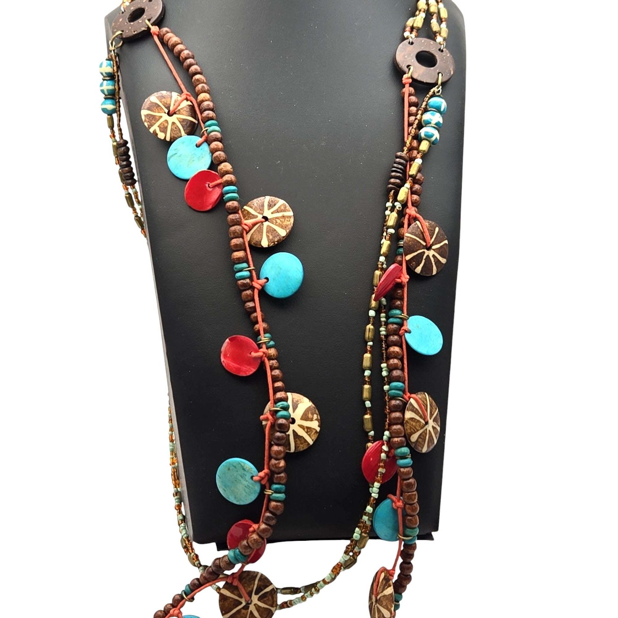 Handcrafted Multicolor Beaded Necklace with Coconut & Turquoise Discs