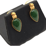 Vintage Natural Jade Tear Drop Stud Earrings Satin Gold Finish