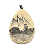 Vtg Hand Carved Scrimshaw Tear Drop Pendant Necklace Signed By Simon 1.5"x0.875"x0.125" Ivory Tone