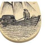 Vtg Hand Carved Scrimshaw Tear Drop Pendant Necklace Signed By Simon 1.5"x0.875"x0.125" Ivory Tone