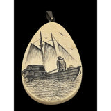 Vtg Hand Carved Scrimshaw Tear Drop Pendant Necklace Signed By Simon 1.5"x0.875"x0.125" Ivory Tone
