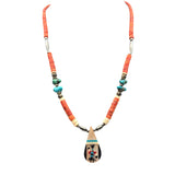 Vtg Zuni Kachina Coral Turquoise Beaded Necklace W/ MOP Inlay Pendant & Silver Accents 22 "