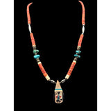 Vtg Zuni Kachina Coral Turquoise Beaded Necklace W/ MOP Inlay Pendant & Silver Accents 22 "