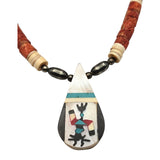 Vtg Zuni Kachina Coral Turquoise Beaded Necklace W/ MOP Inlay Pendant & Silver Accents 22 "