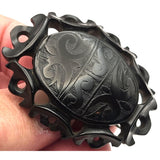Antique Victorian Whitby Jet Mourning Brooch Carved Floral Design Oval Shape
