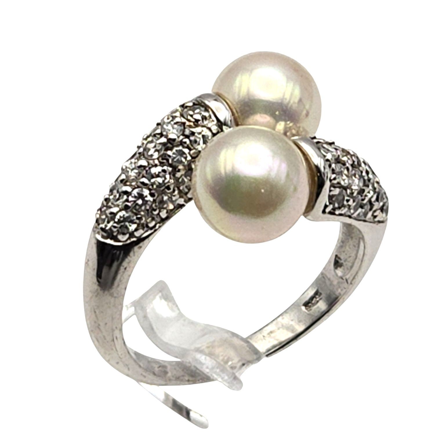 ✨ Vintage-Style Pavé Crystal Faux Pearl Sterling Silver Ring – Size 6.75 ✨-Deweytiques(1)
