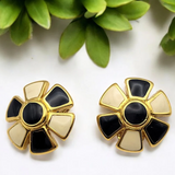 Vintage Monet Flower Clip-On Earrings Deep Blue & White Enamel Gold Tone Retro Jewelry