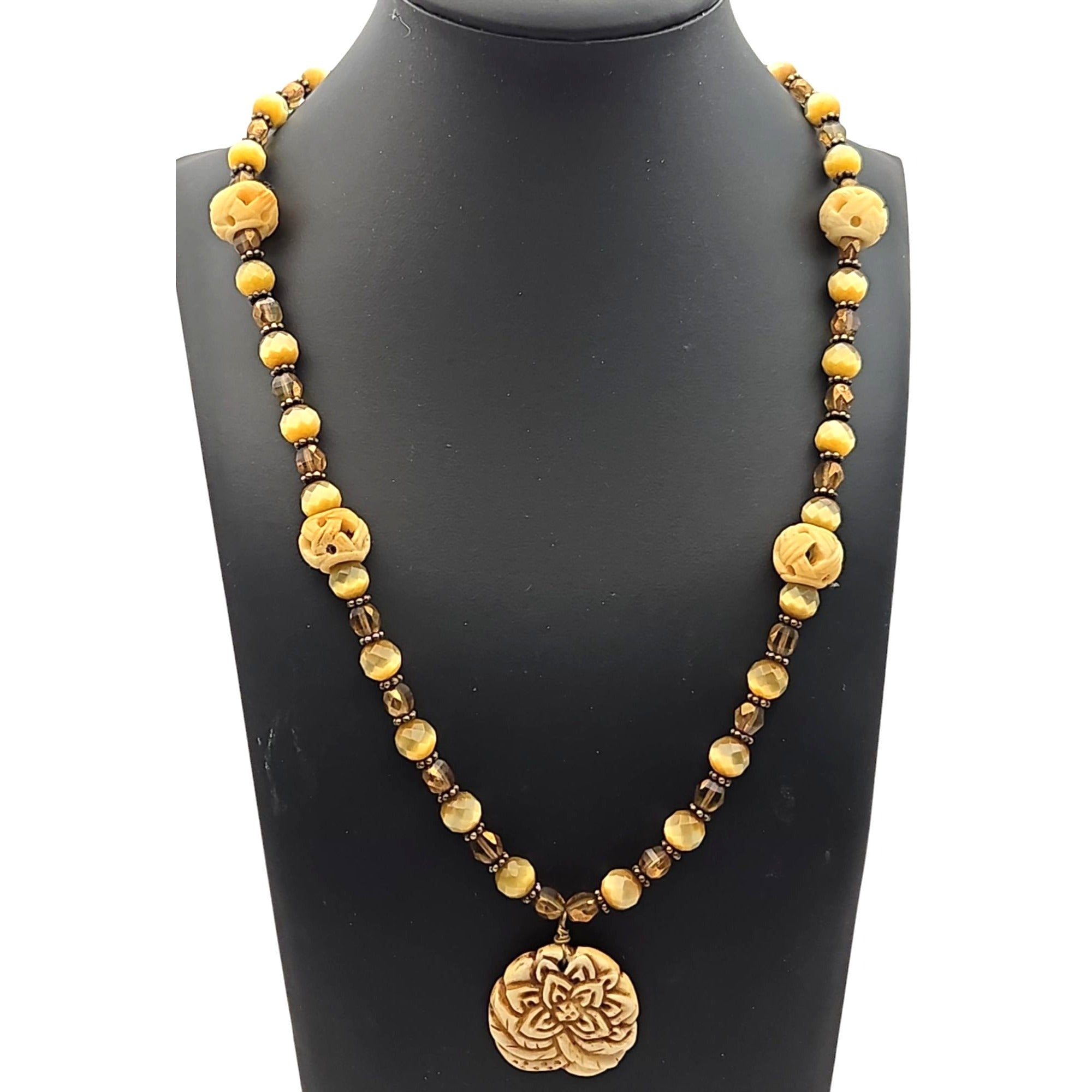 Vintage Carved Floral Pendant Necklace – Yellow & Brown Beads – 20