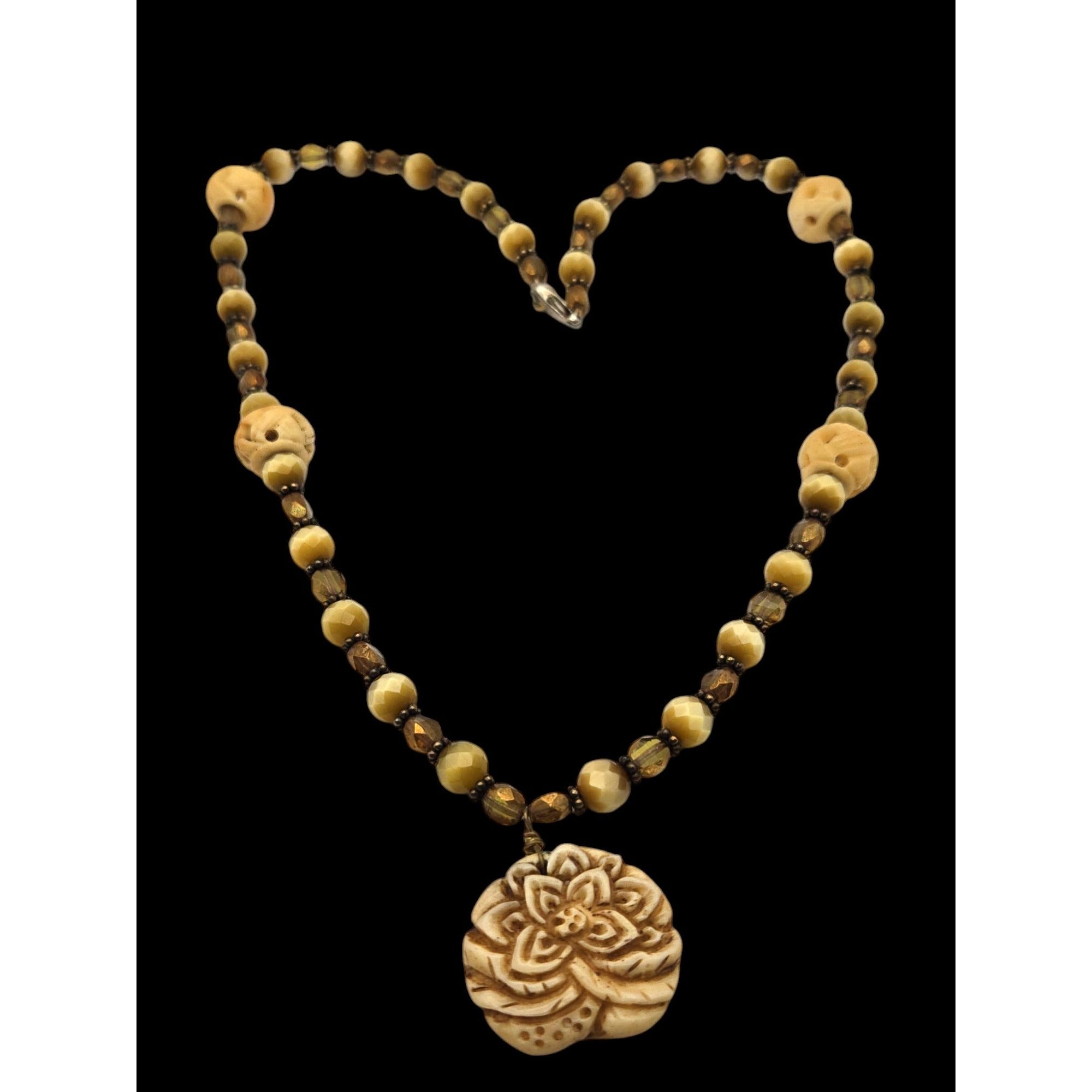 Vintage Carved Floral Pendant Necklace – Yellow & Brown Beads – 20