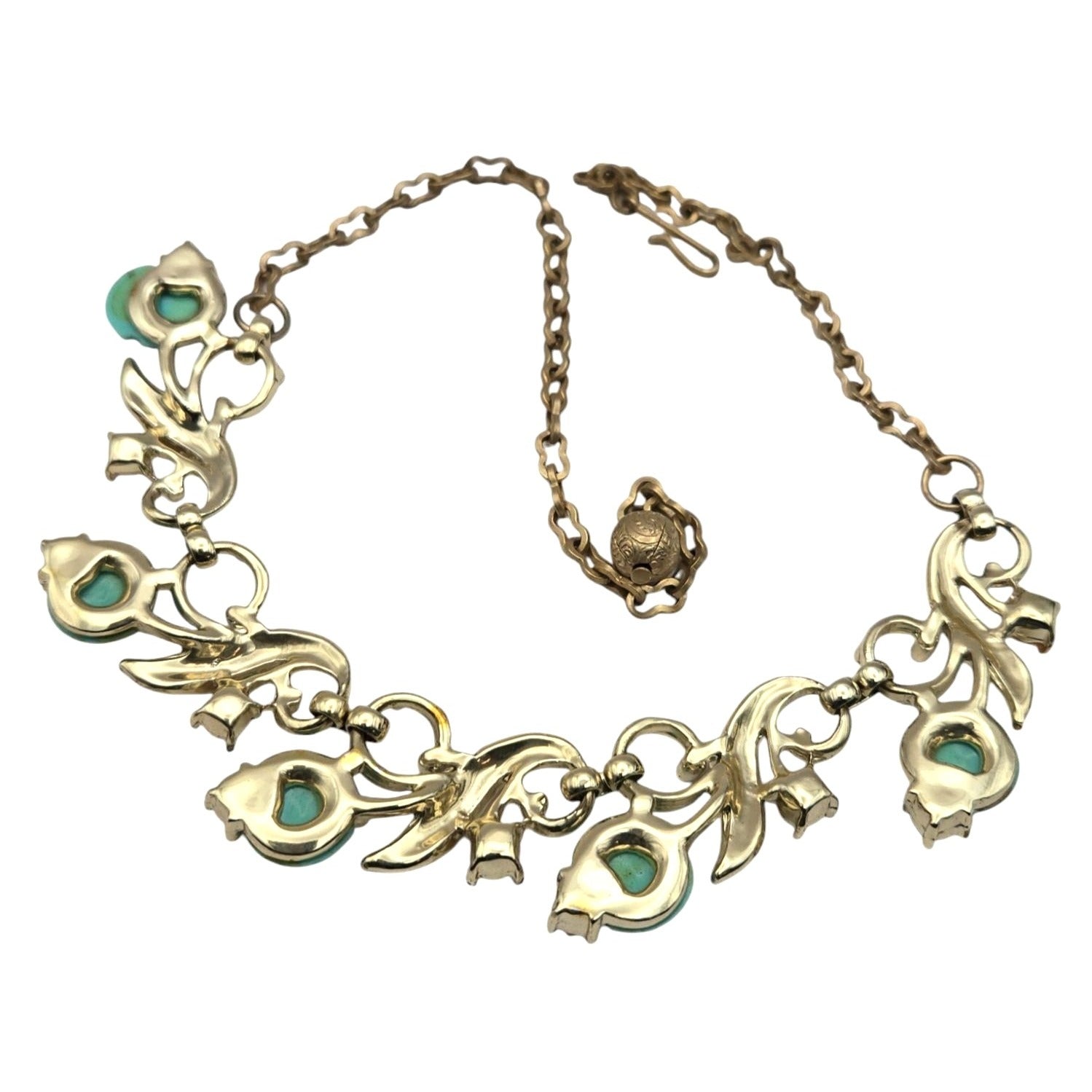 Vintage Gold-Tone Necklace w/ Turquoise & Faux Pearl Floral Accents