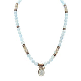 Vintage Aqua Blue Quartz Beaded Necklace With Druzy Pendant & Silver-Tone Accents 18 "