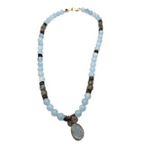Vintage Aqua Blue Quartz Beaded Necklace With Druzy Pendant & Silver-Tone Accents 18 "