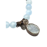Vintage Aqua Blue Quartz Beaded Necklace With Druzy Pendant & Silver-Tone Accents 18 "
