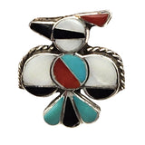 Vtg Sterling Silver Zuni Lapel Pin Tie Tack With Turquoise Black Onyx Coral & Mother Of Pearl Inlay