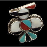 Vtg Sterling Silver Zuni Lapel Pin Tie Tack With Turquoise Black Onyx Coral & Mother Of Pearl Inlay