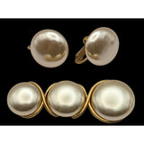 Vtg Napier Champagne Luster Pearl Button Brooch & Screw Back Lever Earrings Set Gold-Tone Metal