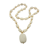 Vtg Hand Carved Soapstone Scarab Pendant Necklace W/ Gold-Tone Beads 16" Length Handmade Egyptian-Inspired Design