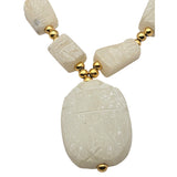 Vtg Hand Carved Soapstone Scarab Pendant Necklace W/ Gold-Tone Beads 16" Length Handmade Egyptian-Inspired Design