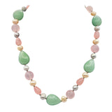 Vintage Multi-Gemstone Necklace With Green Aventurine Rose Quartz & Pearl Beads Lobster Clasp Closure Elegant Design