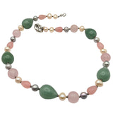 Vintage Multi-Gemstone Necklace With Green Aventurine Rose Quartz & Pearl Beads Lobster Clasp Closure Elegant Design