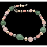 Vintage Multi-Gemstone Necklace With Green Aventurine Rose Quartz & Pearl Beads Lobster Clasp Closure Elegant Design