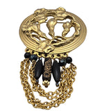 Vintage Gold Tone Chain Brooch With Black Beads & Filigree Detailing