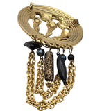 Vintage Gold Tone Chain Brooch With Black Beads & Filigree Detailing