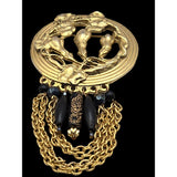 Vintage Gold Tone Chain Brooch With Black Beads & Filigree Detailing